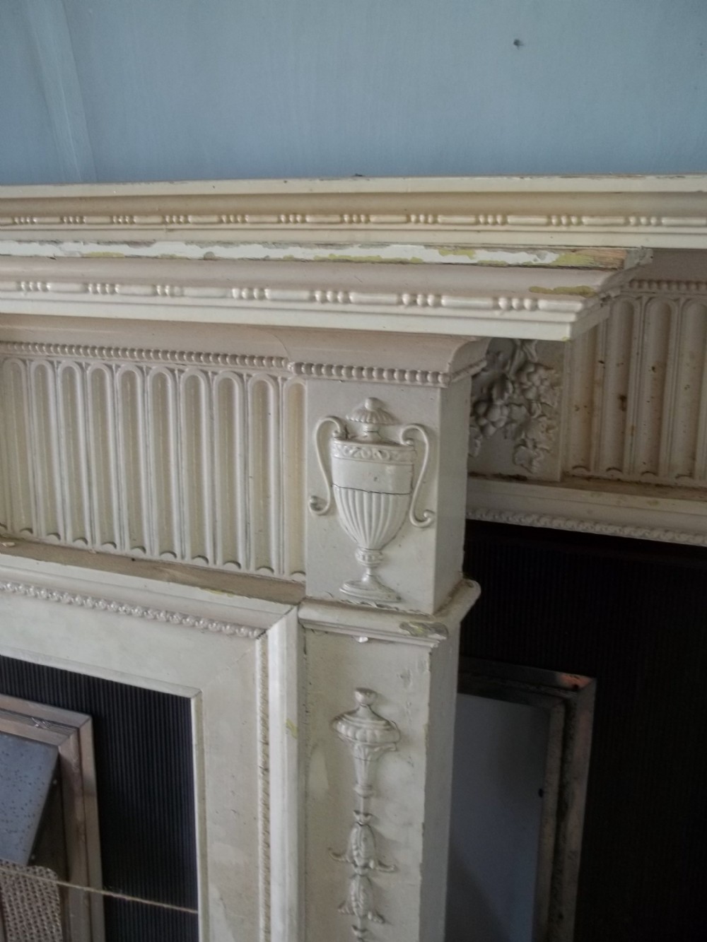 A rare pair of antique 19th century Regency Georgian Adam  style painted pine fire surround places and inserts View V