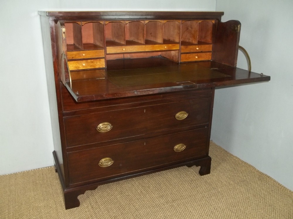 A delightful small antique Sheraton period Regency mahogany inlaid oak lined secretaire chest of drawers writing table desk bureau. View II