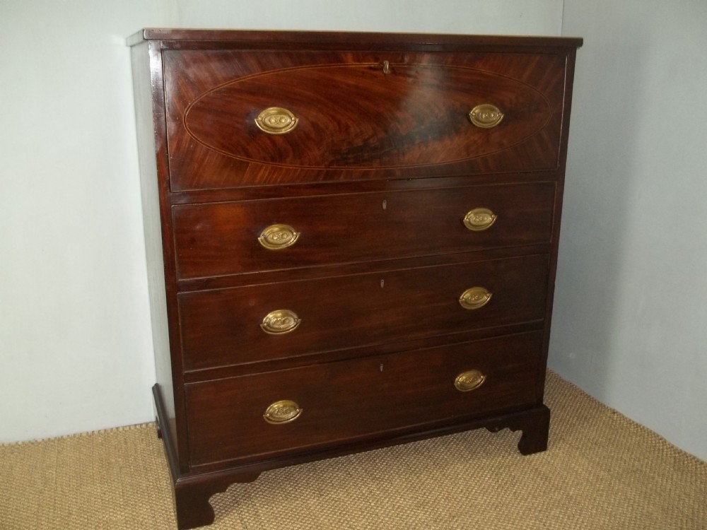 A delightful small antique Sheraton period Regency mahogany inlaid oak lined secretaire chest of drawers writing table desk bureau. View III