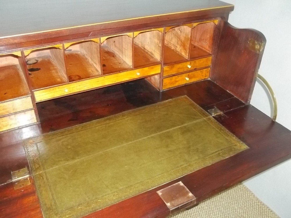 A delightful small antique Sheraton period Regency mahogany inlaid oak lined secretaire chest of drawers writing table desk bureau. View IV