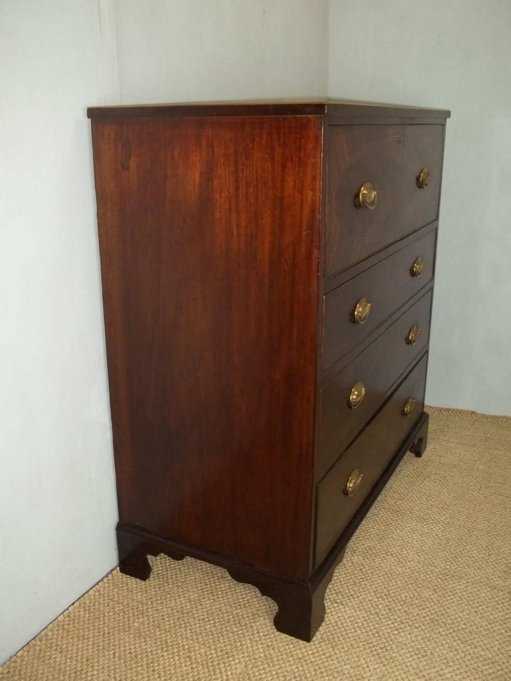 A delightful small antique Sheraton period Regency mahogany inlaid oak lined secretaire chest of drawers writing table desk bureau. View VII