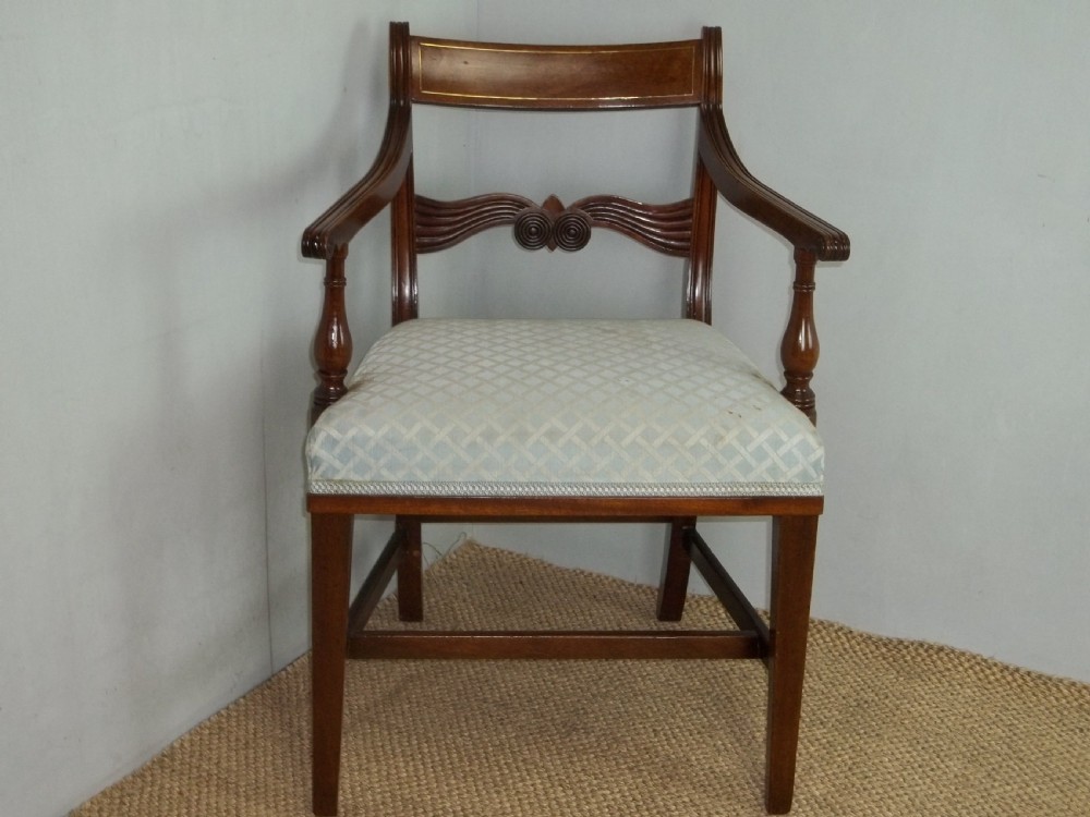 A superb antique set of Georgian 8 eight ( six plus two) Regency brass inlaid mahogany upholstered dining chairs View II