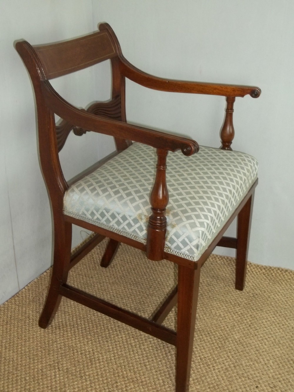 A superb antique set of Georgian 8 eight ( six plus two) Regency brass inlaid mahogany upholstered dining chairs View III