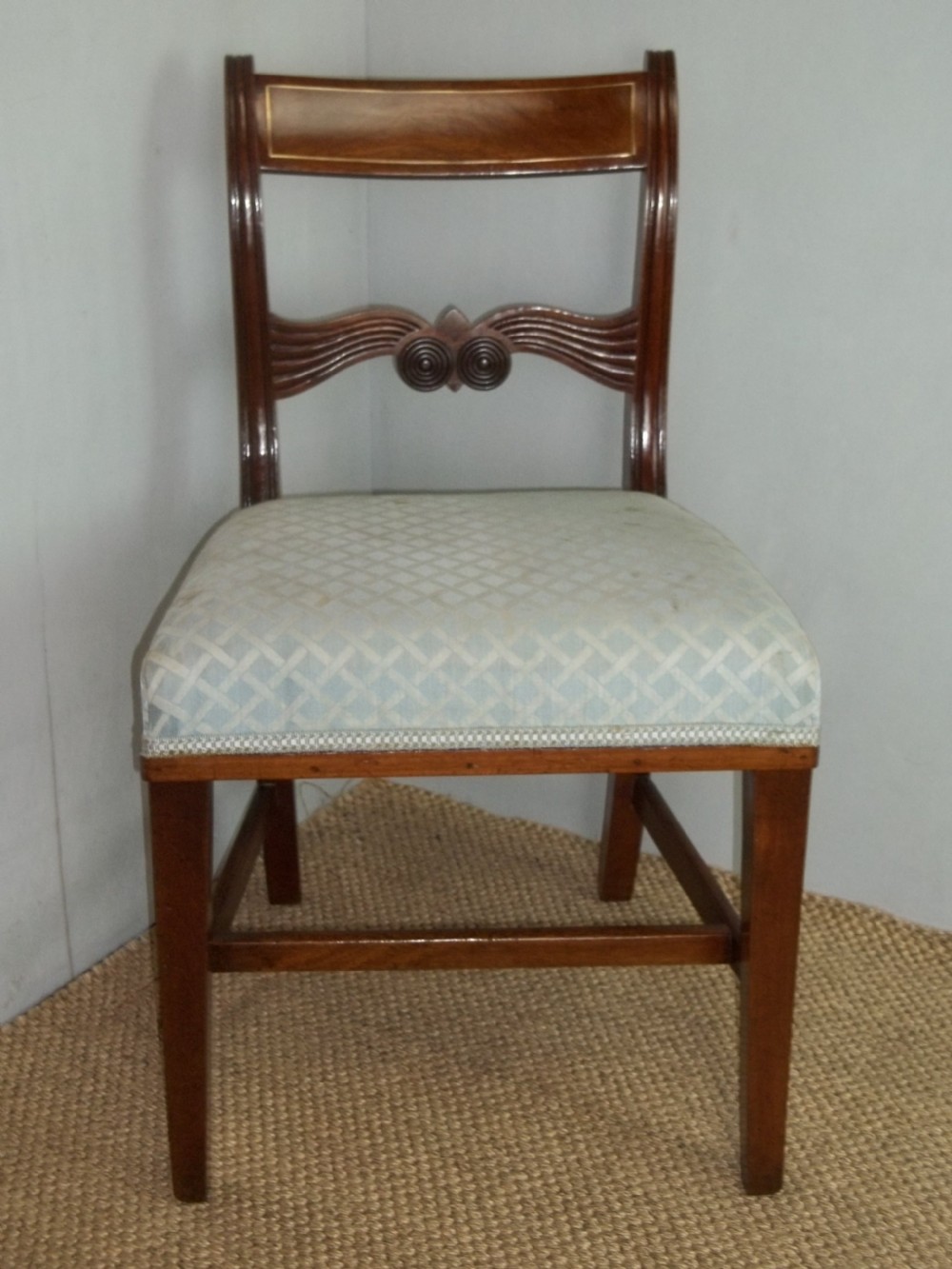 A superb antique set of Georgian 8 eight ( six plus two) Regency brass inlaid mahogany upholstered dining chairs View IV