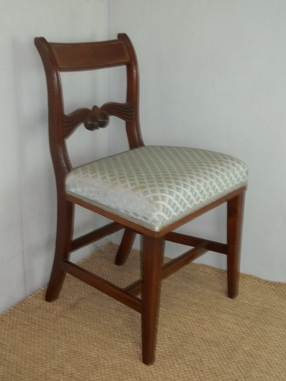 A superb antique set of Georgian 8 eight ( six plus two) Regency brass inlaid mahogany upholstered dining chairs View V