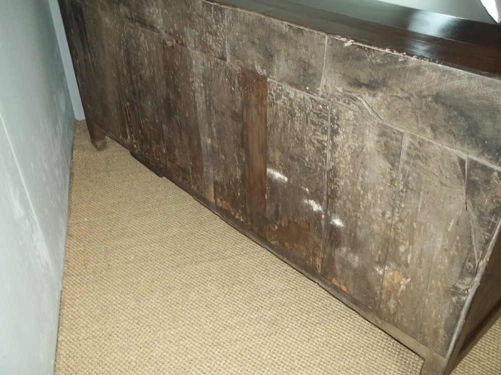 A Welsh Geo II early 18th century Georgian oak dresser base with spice drawers serving table sdieboard.  View X