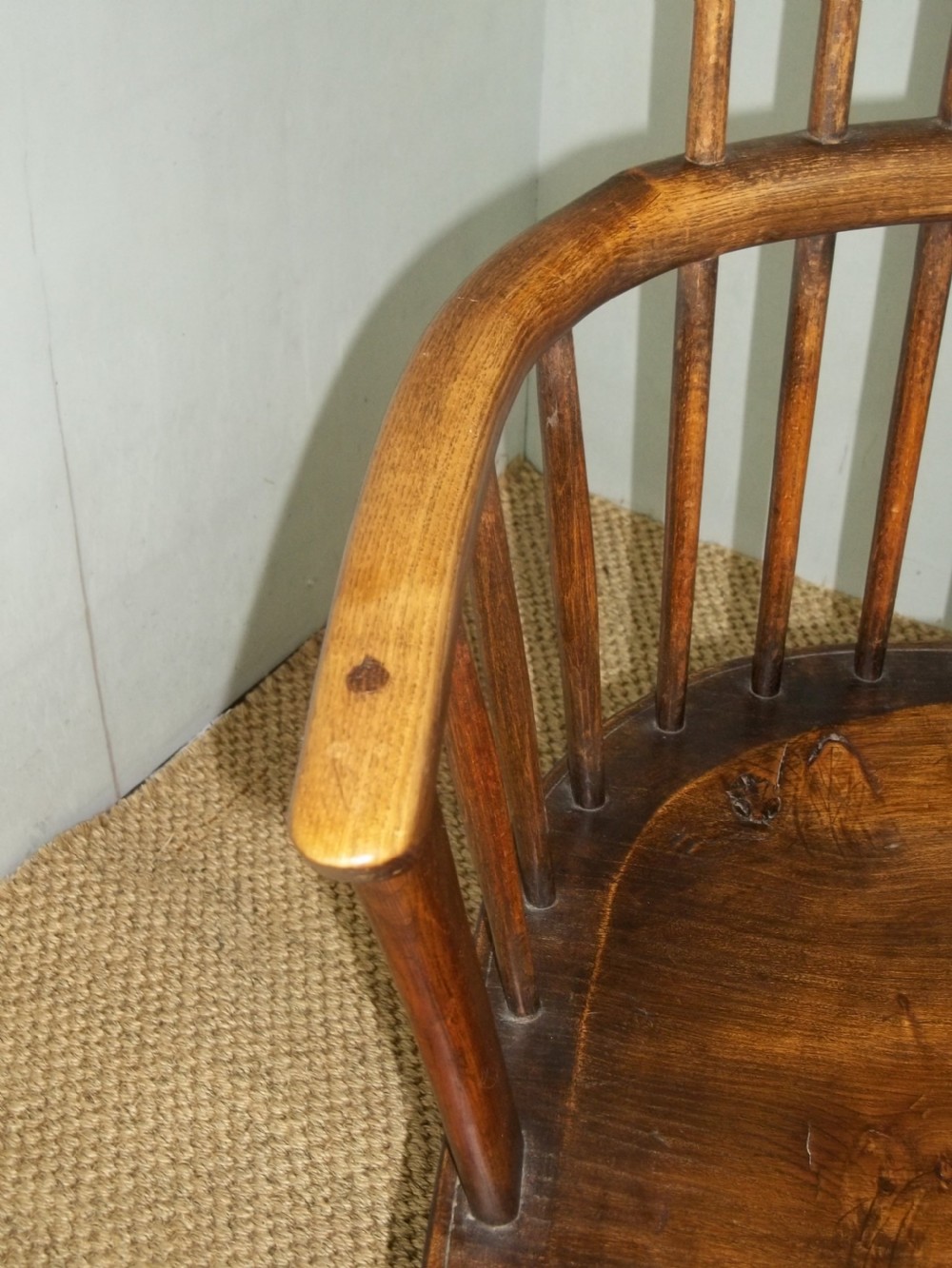 Antique 18th century primitive design Welsh Windsor comb back elm ash and beech stick elbow arm chair View III