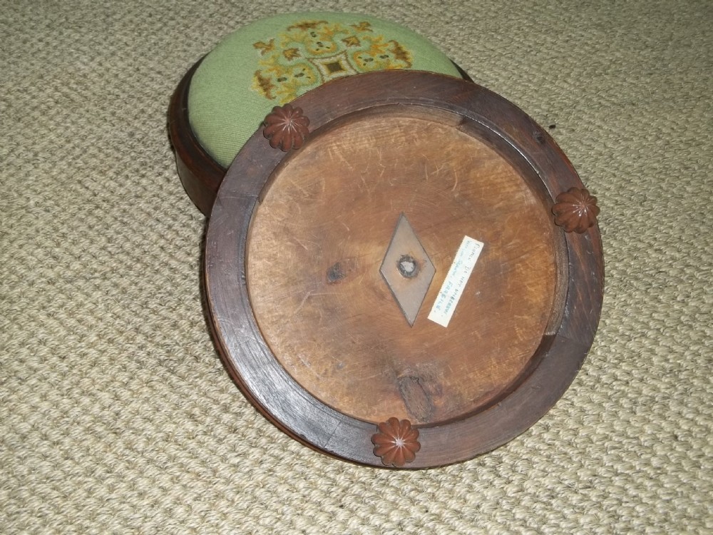Antique pair of walnut petit point tapestry upholstered circular small gout footstools foot stools View II