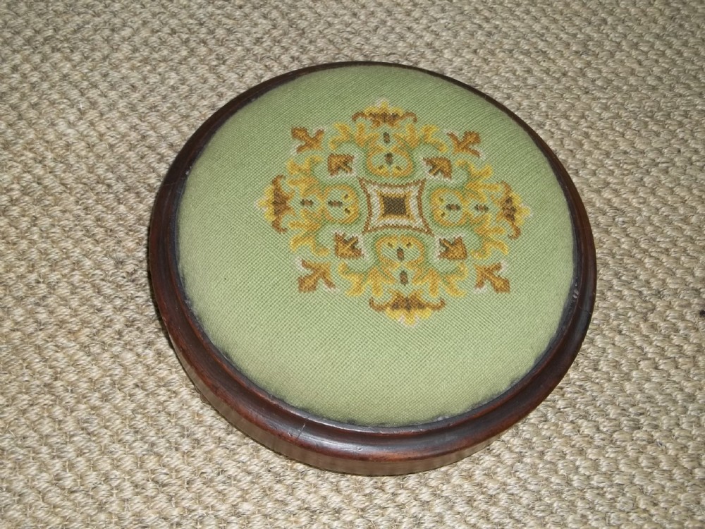 Antique pair of walnut petit point tapestry upholstered circular small gout footstools foot stools View III