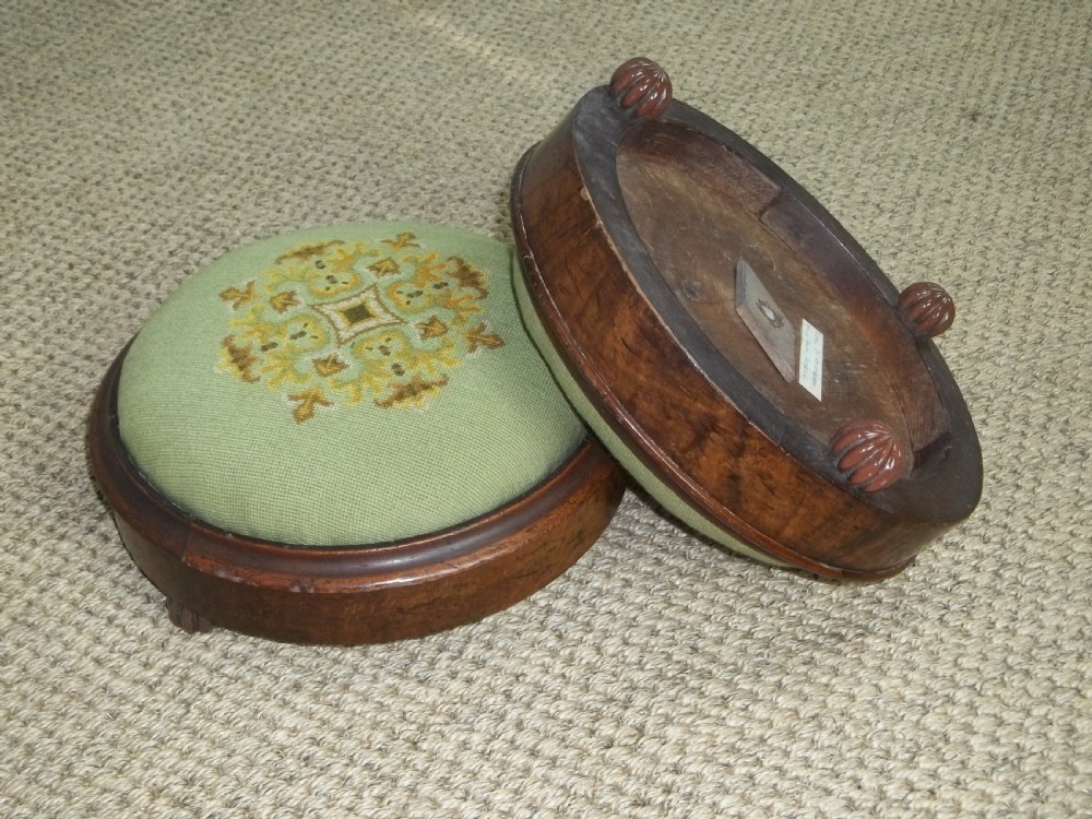 Antique pair of walnut petit point tapestry upholstered circular small gout footstools foot stools View IV