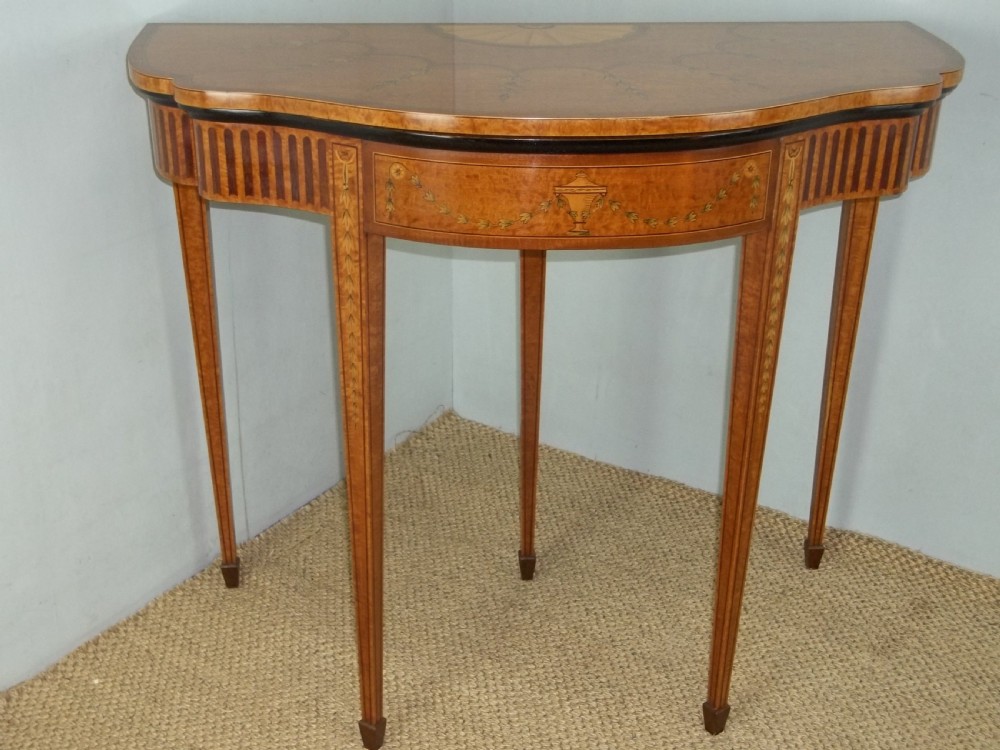 A stunning Sheraton Regency design  serpentine fronted marquetry inlaid satinwood card games side hall lamp occasional table. C.1895 View III