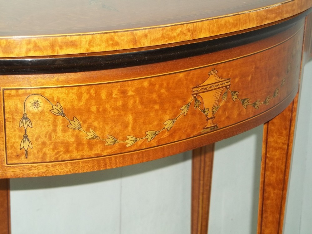 A stunning Sheraton Regency design  serpentine fronted marquetry inlaid satinwood card games side hall lamp occasional table. C.1895 View VII