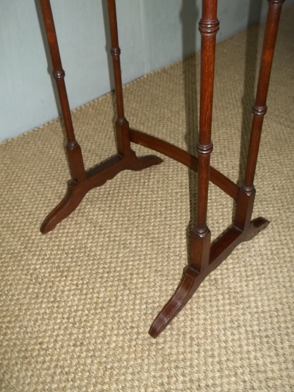 A late 19th/early 20th century set of mahogany inlaid quartetto nest of four stacking coffee side wine sofa tables  View V