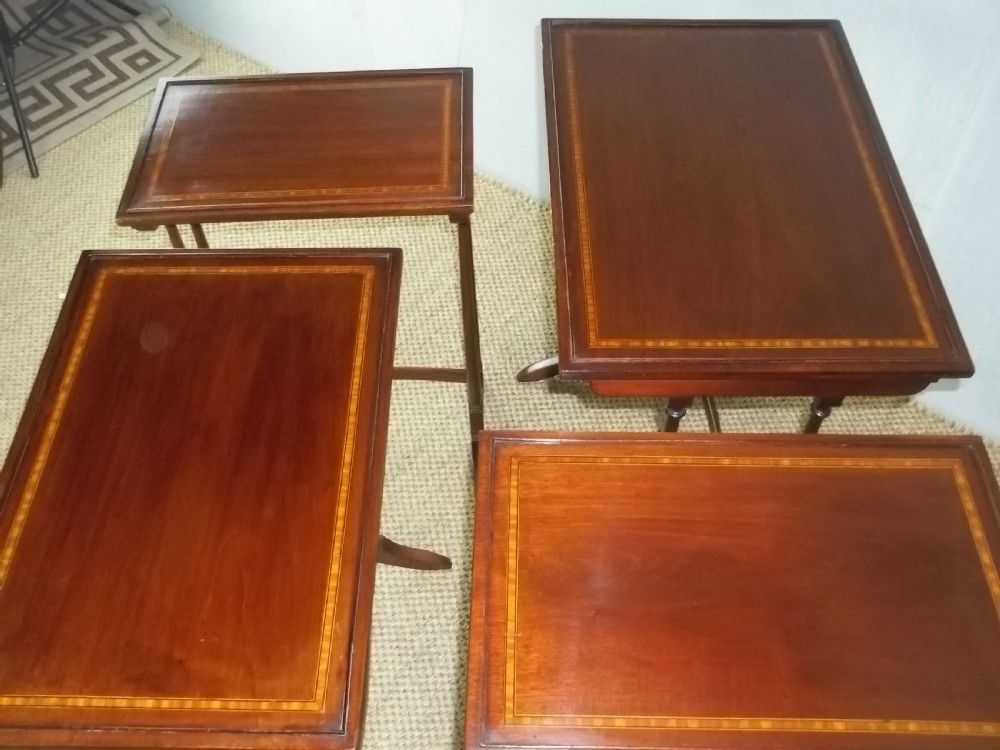 Antique quartetto nest of four mahogany and satinwood inlaid coffee side wine sofa stacking tables View II