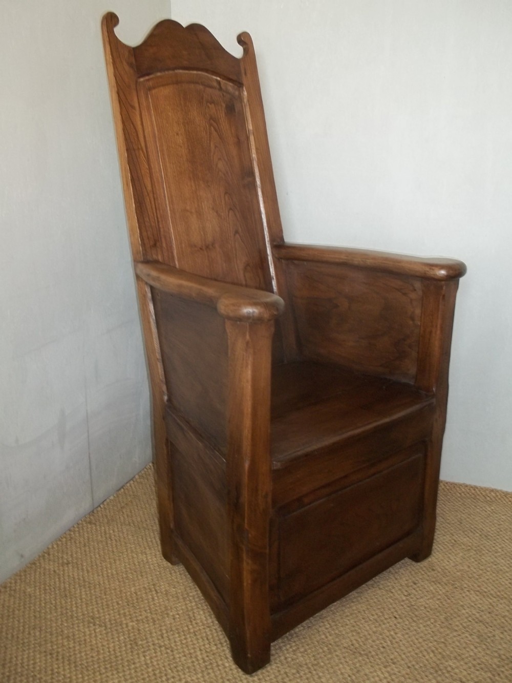 Extremely rare matched pair of Welsh elm 18th/19th century lambing wainscot hall reading panelled primitive joint fireside arm elbow oak alder chairs armchairs thrones.  View II