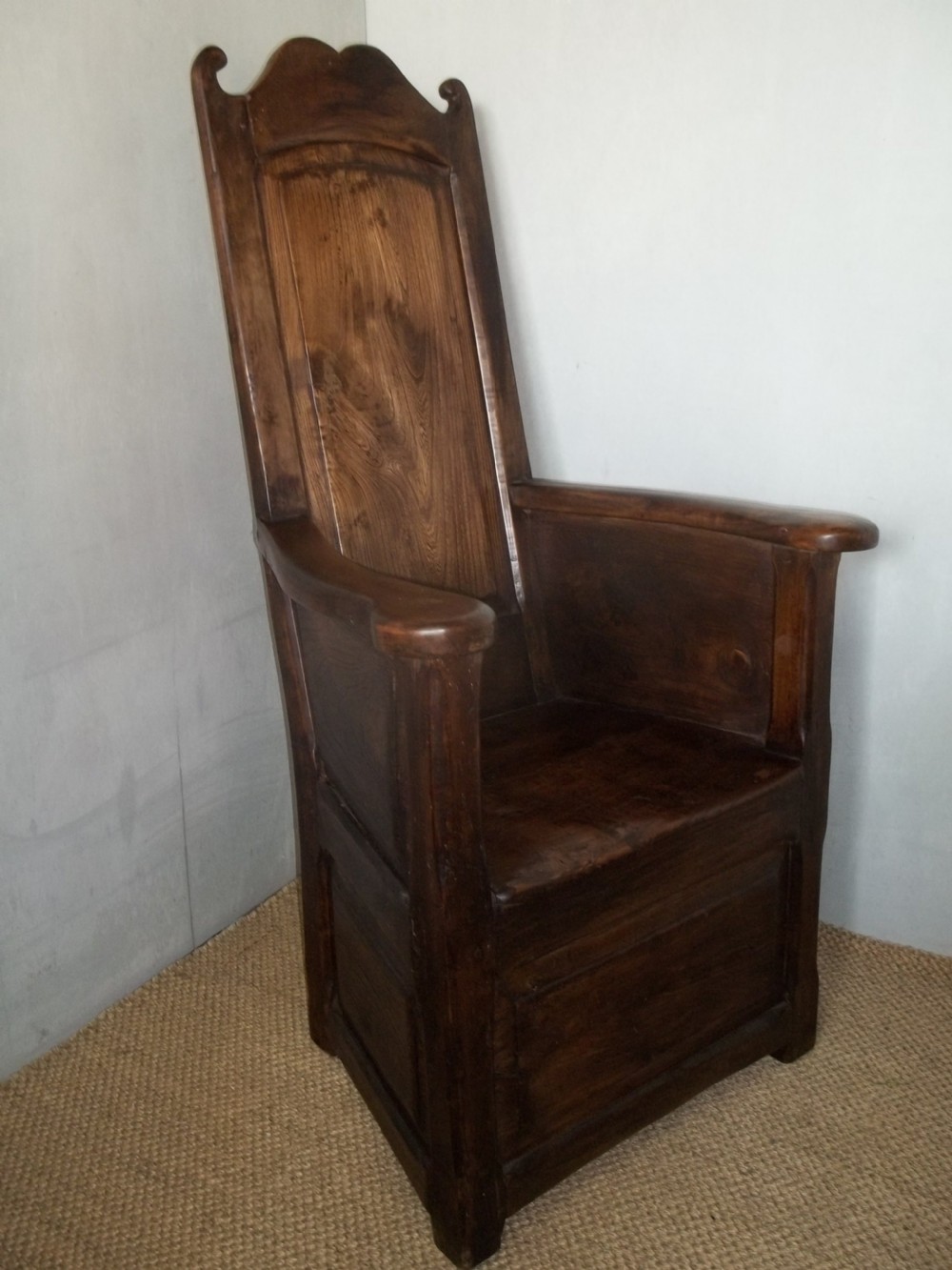 Extremely rare matched pair of Welsh elm 18th/19th century lambing wainscot hall reading panelled primitive joint fireside arm elbow oak alder chairs armchairs thrones.  View IV