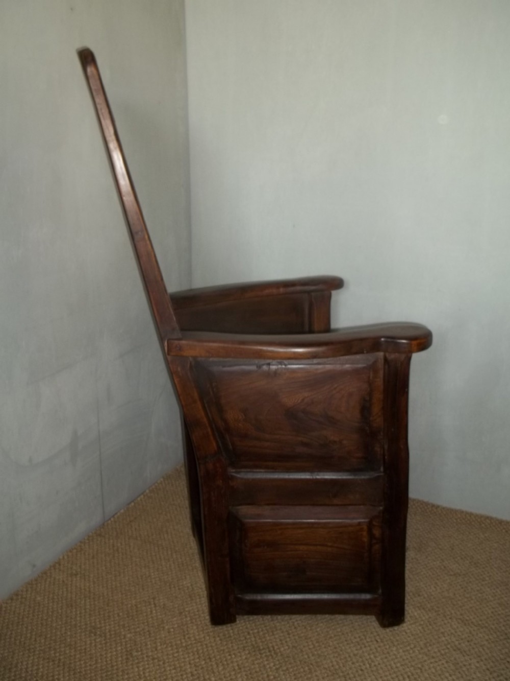 Extremely rare matched pair of Welsh elm 18th/19th century lambing wainscot hall reading panelled primitive joint fireside arm elbow oak alder chairs armchairs thrones.  View V