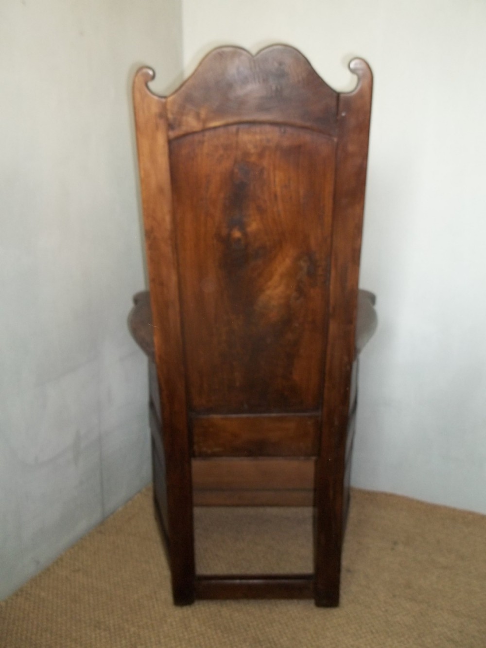 Extremely rare matched pair of Welsh elm 18th/19th century lambing wainscot hall reading panelled primitive joint fireside arm elbow oak alder chairs armchairs thrones.  View VI