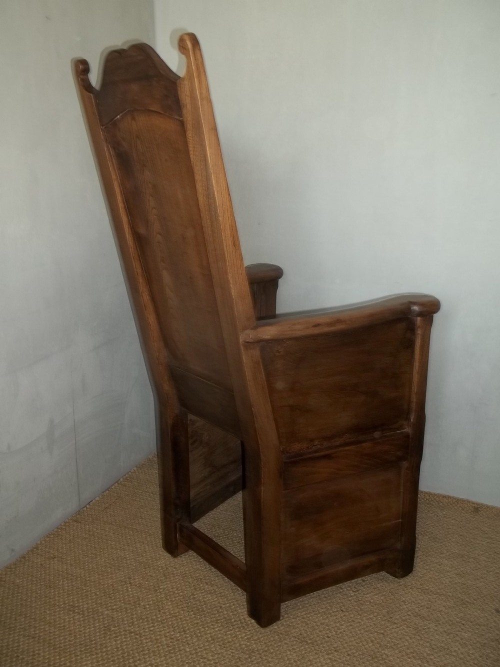 Extremely rare matched pair of Welsh elm 18th/19th century lambing wainscot hall reading panelled primitive joint fireside arm elbow oak alder chairs armchairs thrones.  View VII