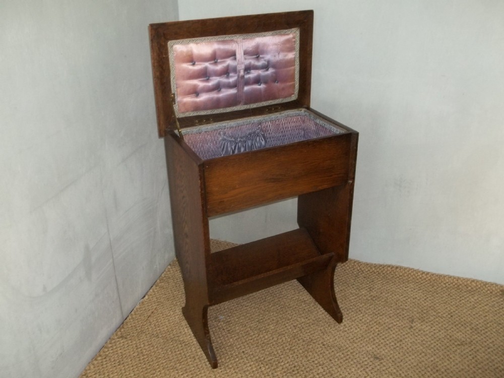 Edwardian oak sewing trough design open book stand shelves lamp side occasional table