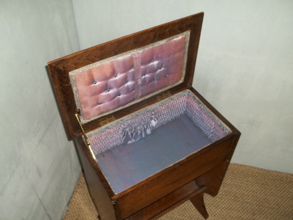 Edwardian oak sewing trough design open book stand shelves lamp side occasional table View II