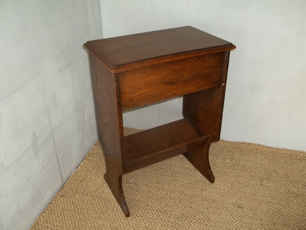 Edwardian oak sewing trough design open book stand shelves lamp side occasional table View III