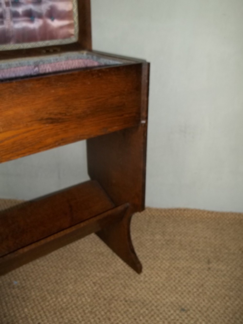 Edwardian oak sewing trough design open book stand shelves lamp side occasional table View IV