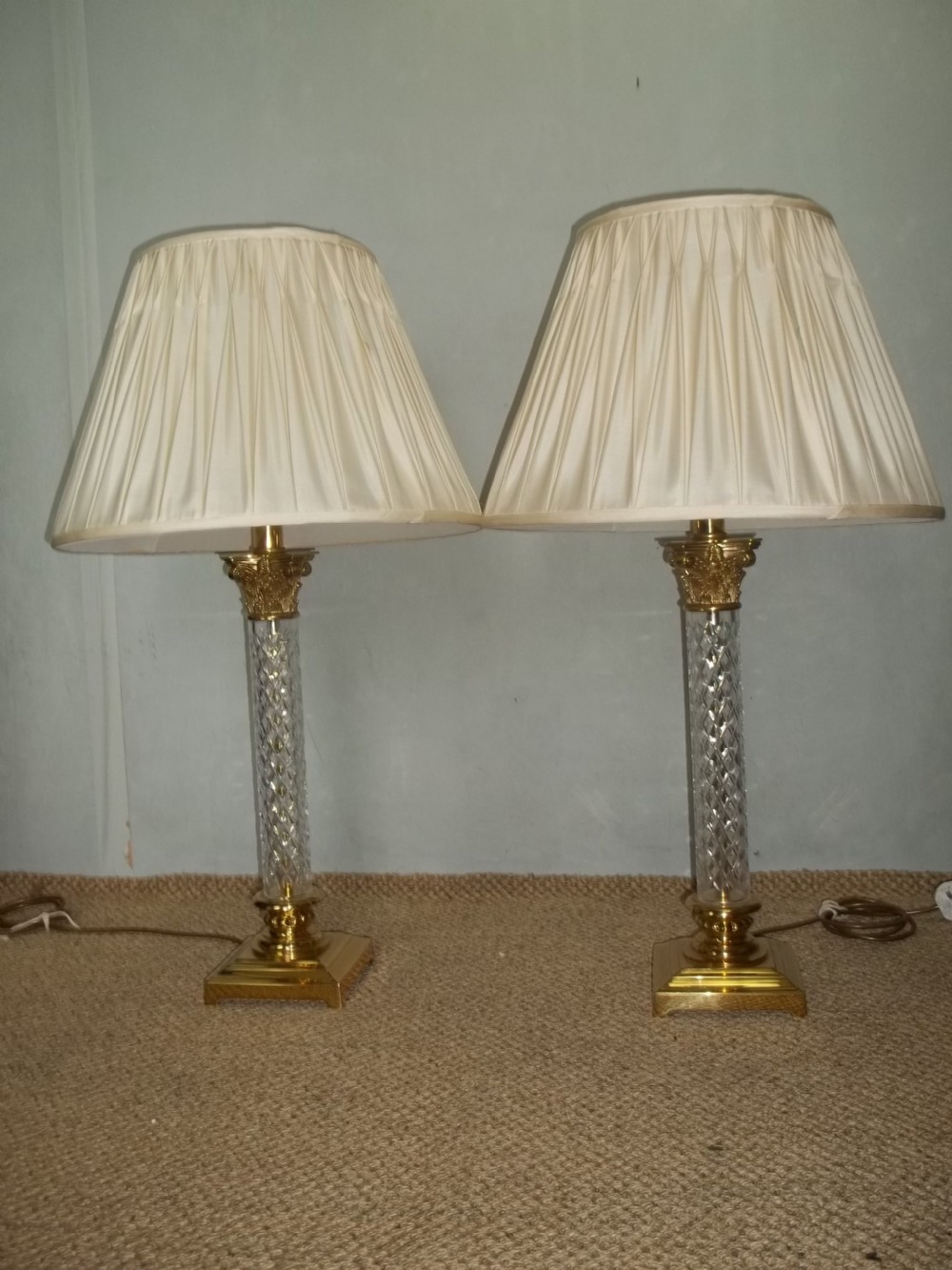 Antique stylish large pair of brass and crystal  table lamps. C.1930