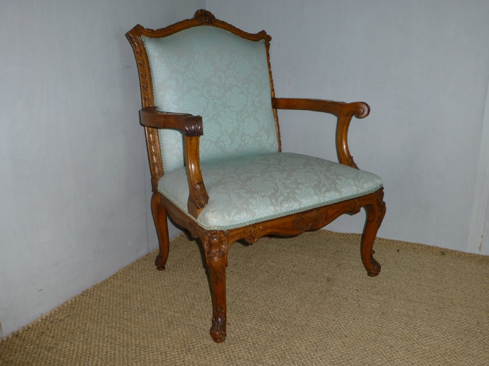 Fabulous quality 19th century walnut Gainsborough Fauteuil open elbow library occasional reading upholstered armchair chair of French design