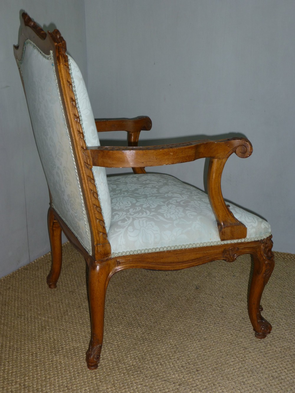 Fabulous quality 19th century walnut Gainsborough Fauteuil open elbow library occasional reading upholstered armchair chair of French design View VII