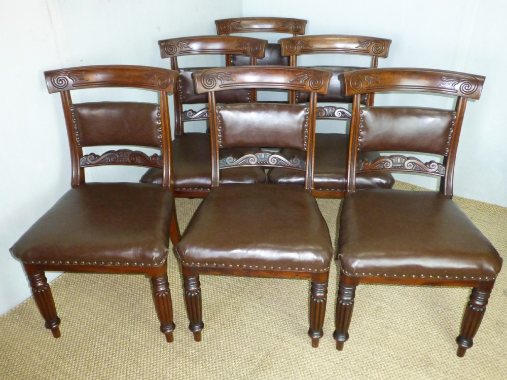 Fabulous quality set of six Gillow Regency Georgian 6 upholstered  reeded leg Gillows mahogany dining chairs