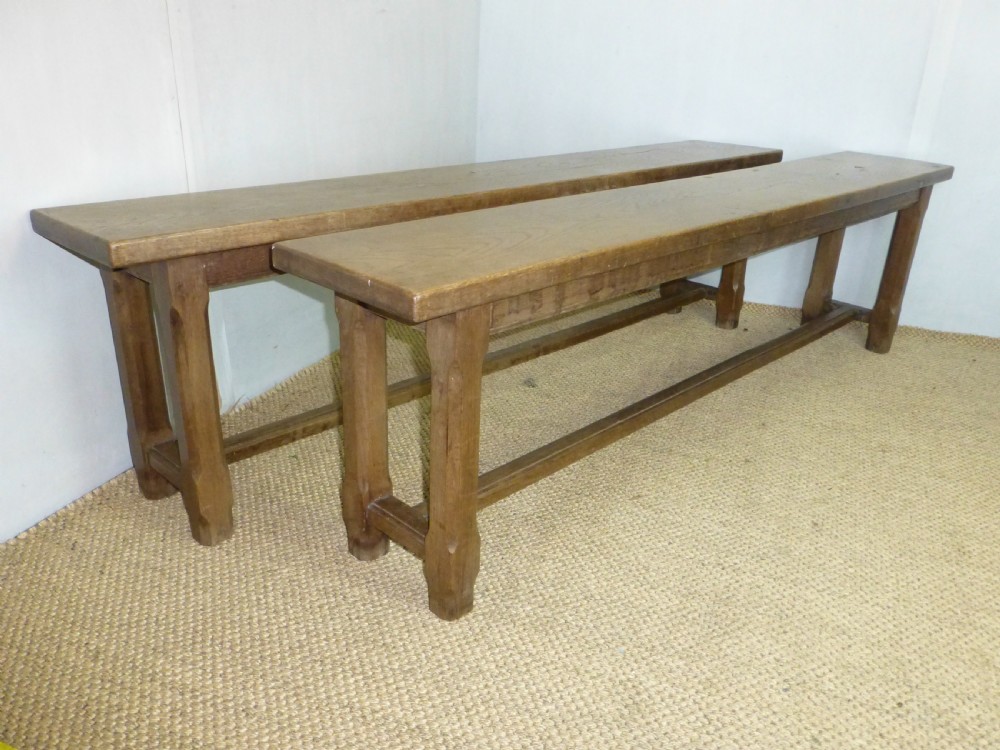 Fabulous pair of trestle design 19th century oak benches. Circa 1870. View II