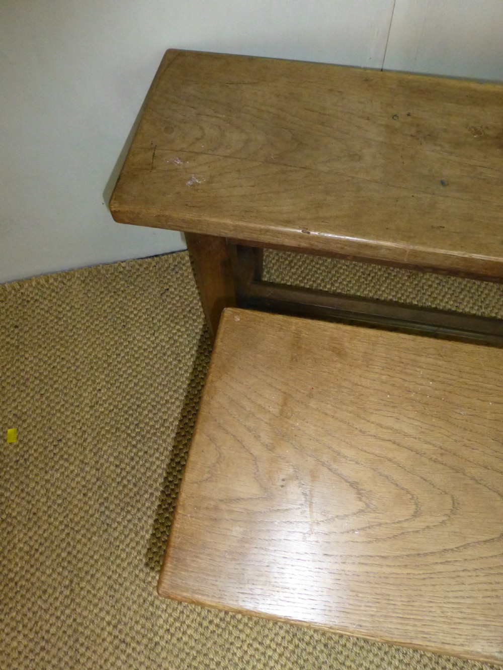 Fabulous pair of trestle design 19th century oak benches. Circa 1870. View V