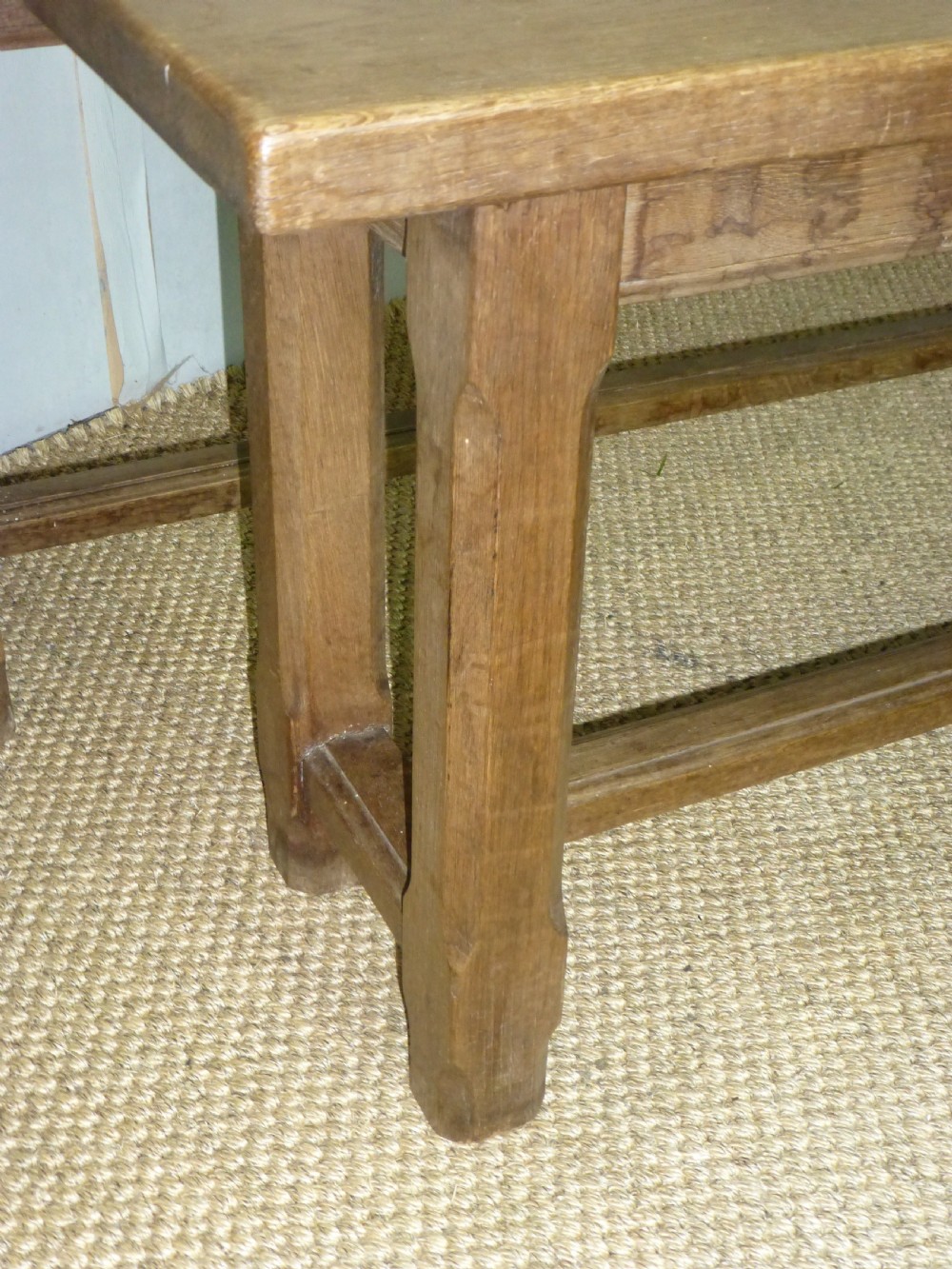 Fabulous pair of trestle design 19th century oak benches. Circa 1870. View VI