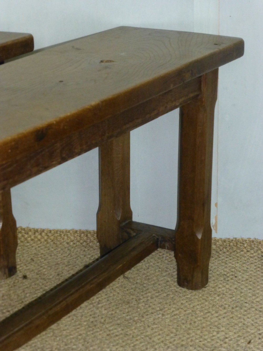 Fabulous pair of trestle design 19th century oak benches. Circa 1870. View VIII