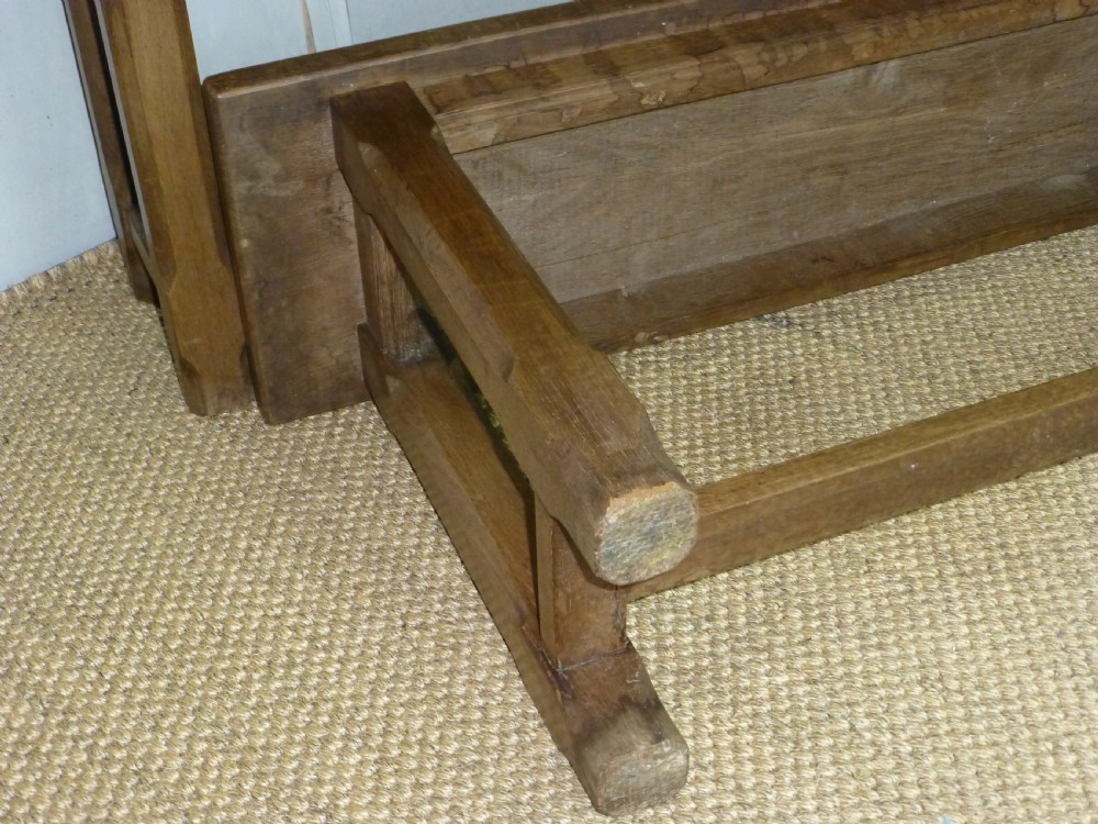 Fabulous pair of trestle design 19th century oak benches. Circa 1870. View X