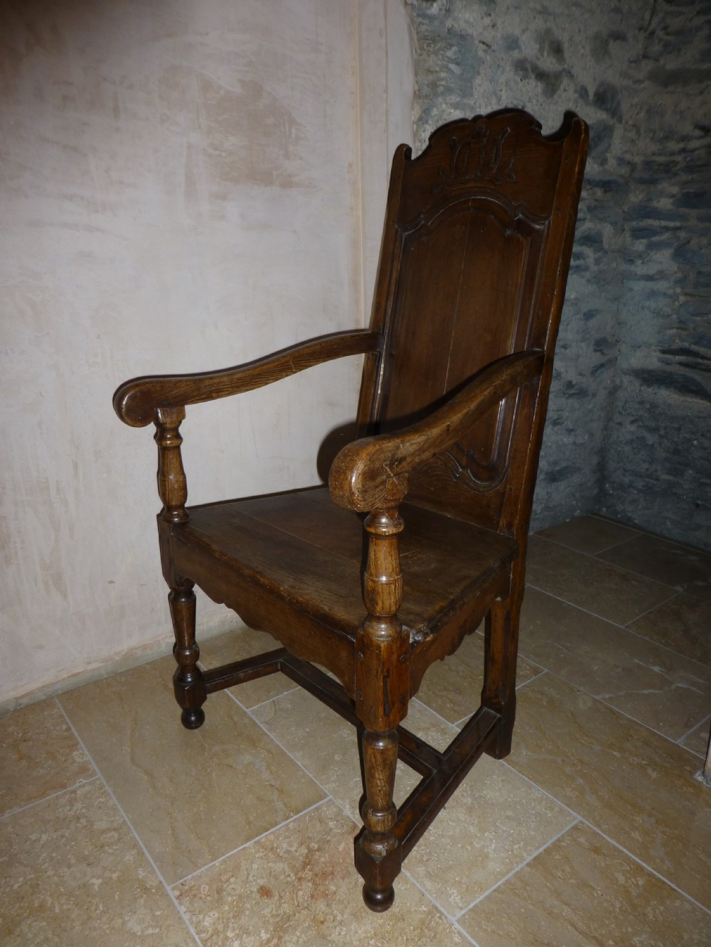 Antique Welsh oak country panel Wainscot open elbow hall armchair lambing chair