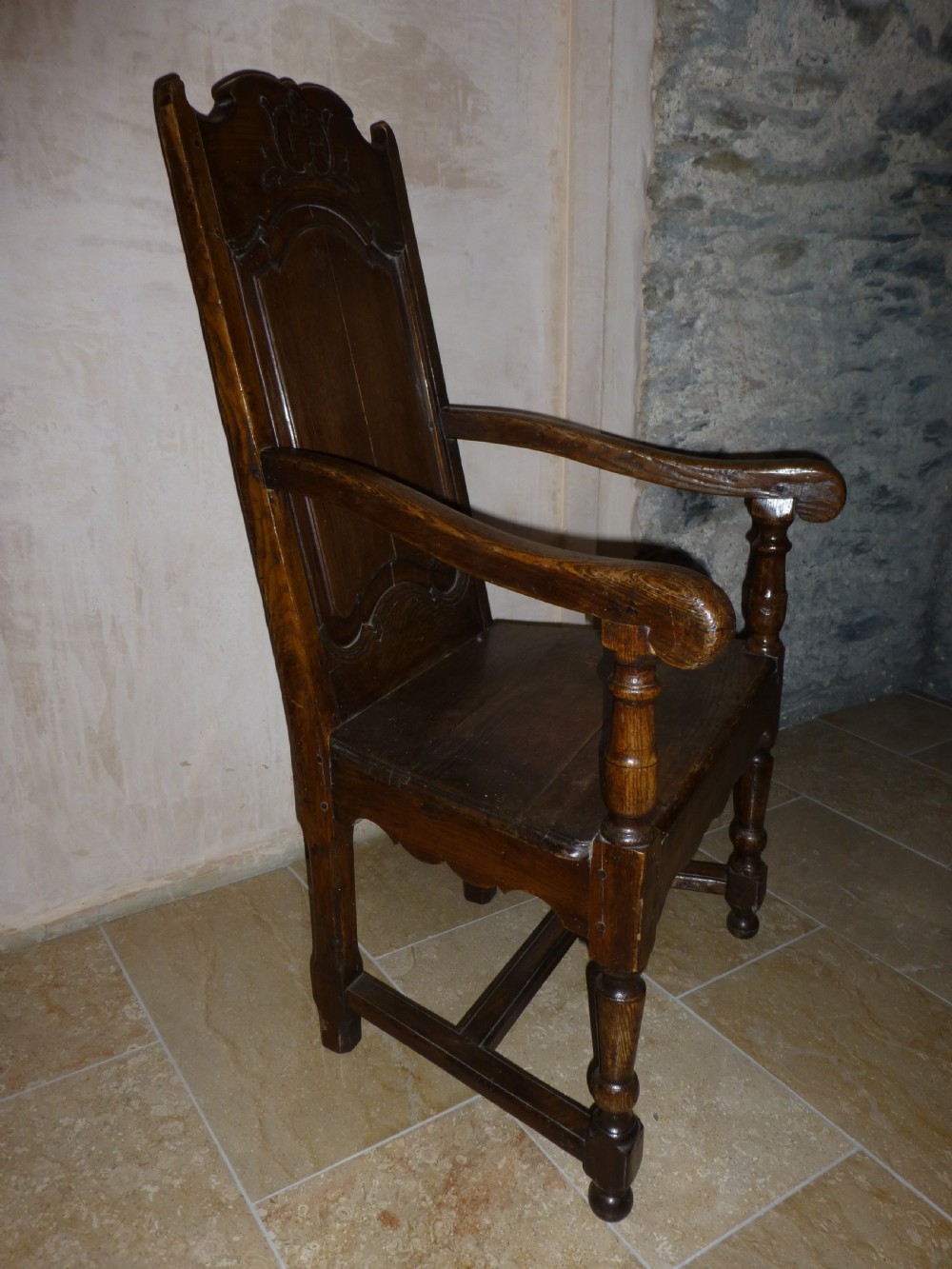 Antique Welsh oak country panel Wainscot open elbow hall armchair lambing chair View II