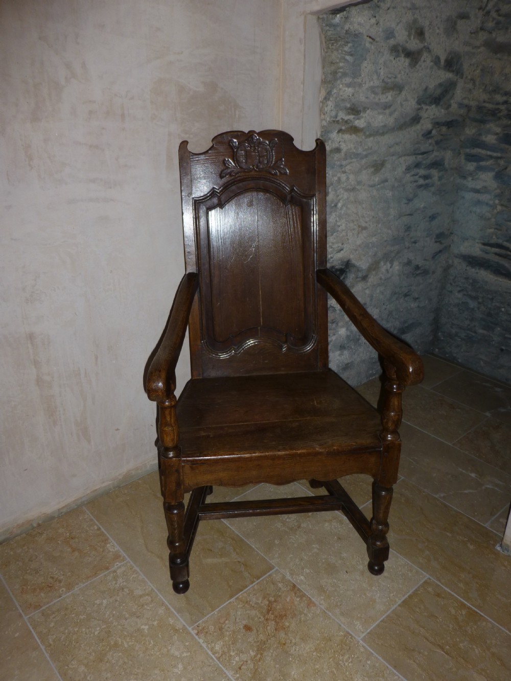 Antique Welsh oak country panel Wainscot open elbow hall armchair lambing chair View III