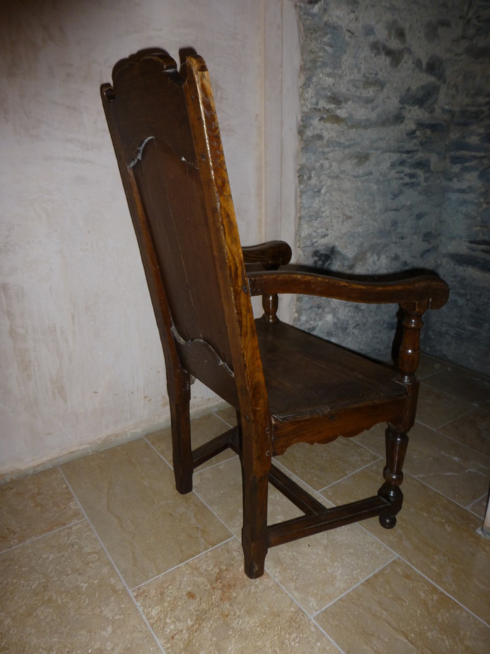 Antique Welsh oak country panel Wainscot open elbow hall armchair lambing chair View IV