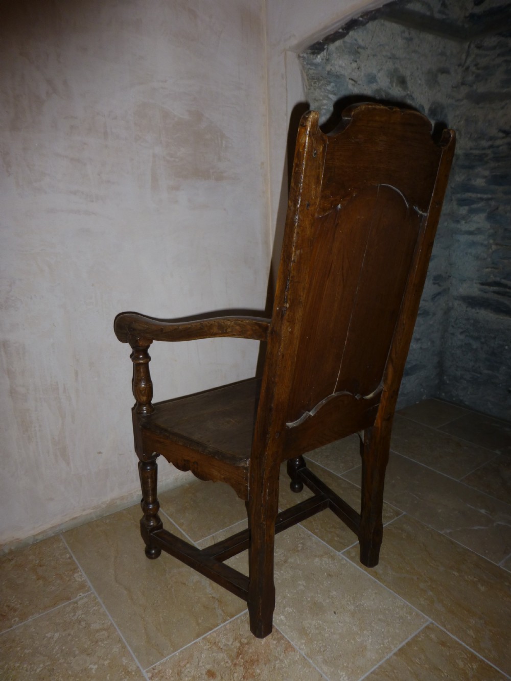 Antique Welsh oak country panel Wainscot open elbow hall armchair lambing chair View V