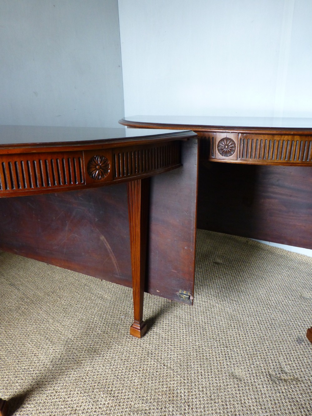 Georgian 8' 10 seat extending dining table or pair of Adam design demi lune 18th century mahogany console tables View VI