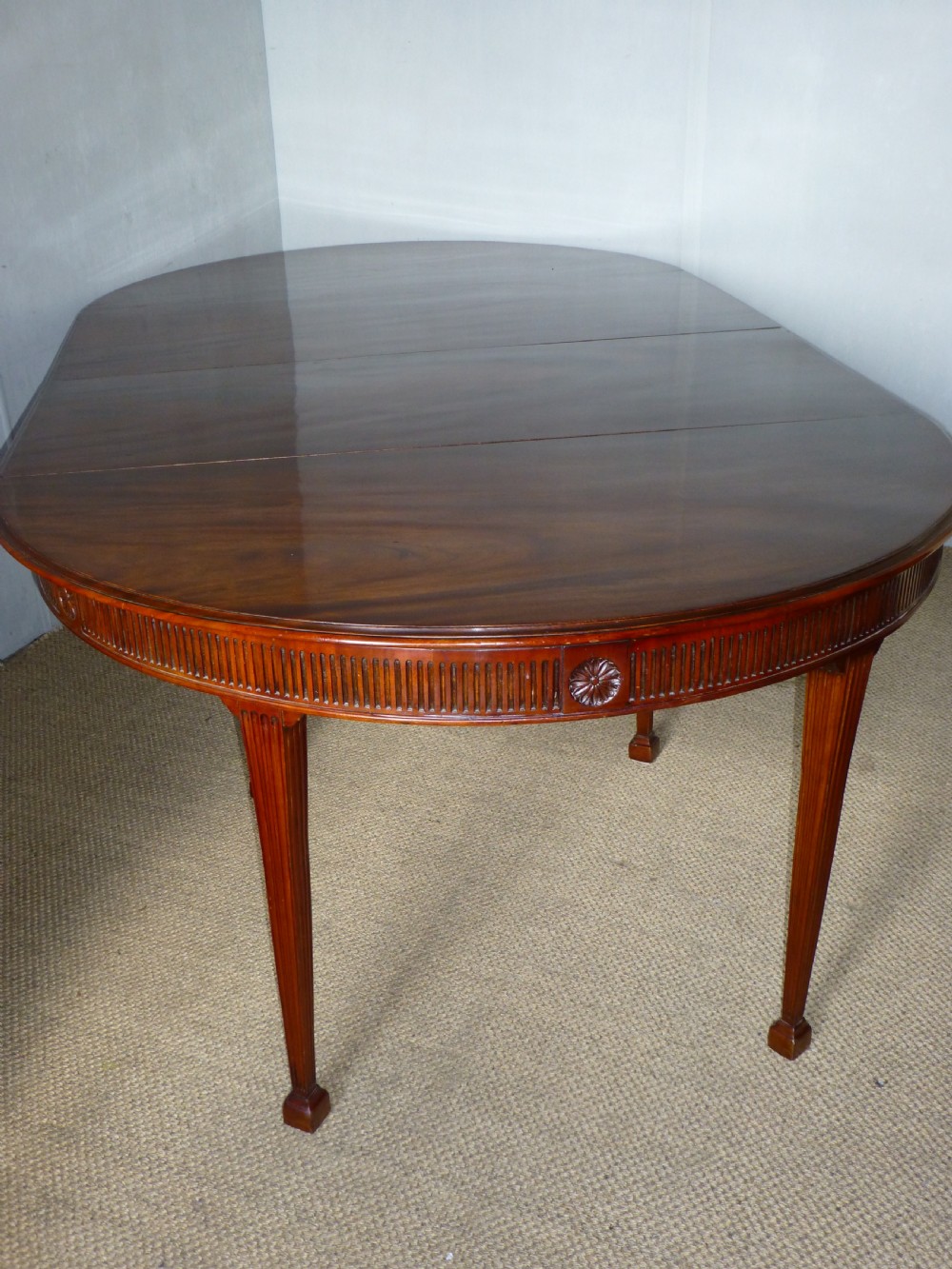 Georgian 8' 10 seat extending dining table or pair of Adam design demi lune 18th century mahogany console tables View IX