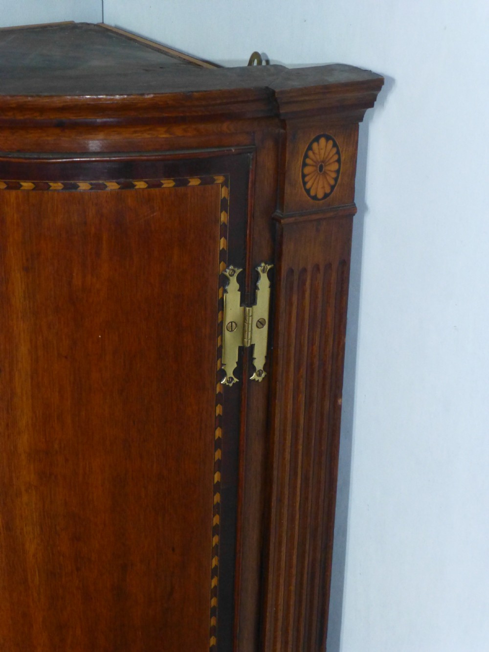 Georgian 18th century bowfront oak and mahogany hanging bow barrel front hanging corner cupboard cabinet. c1800 View II