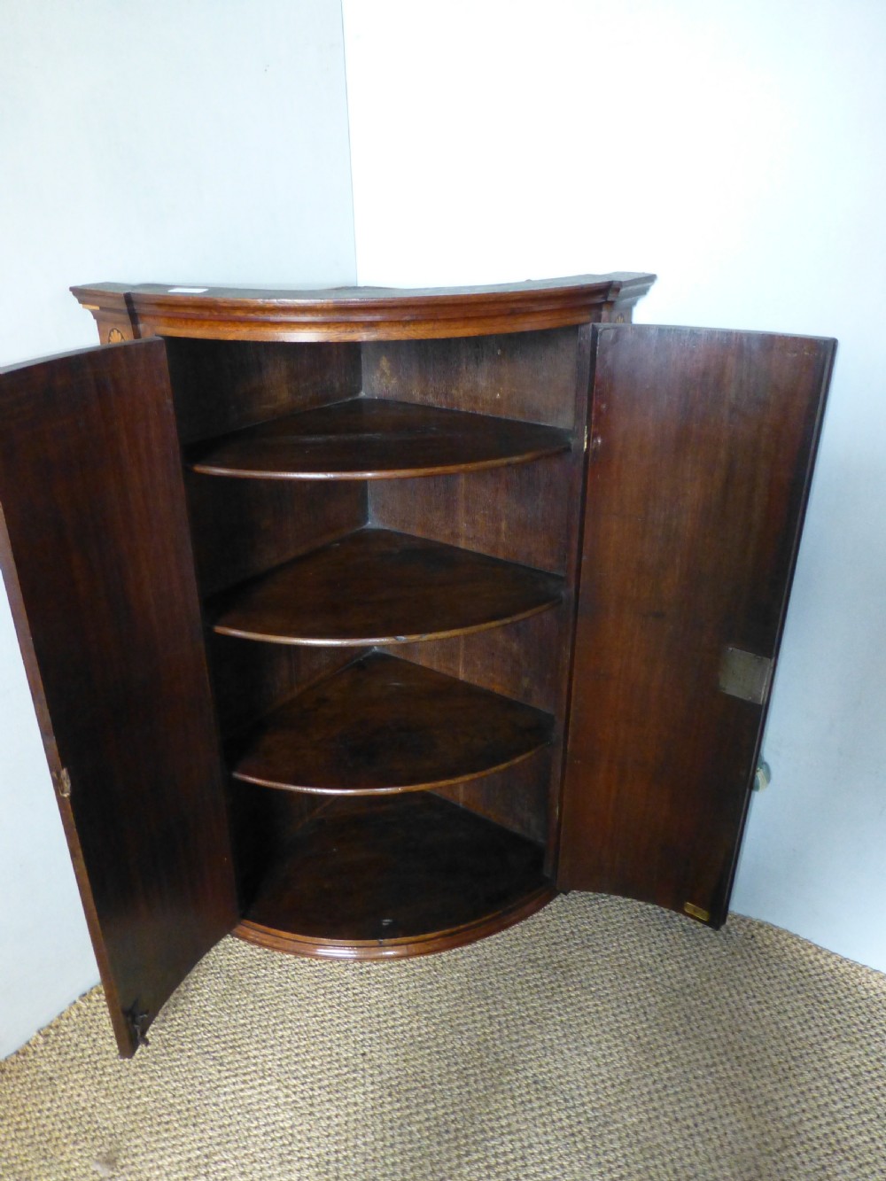 Georgian 18th century bowfront oak and mahogany hanging bow barrel front hanging corner cupboard cabinet. c1800 View V