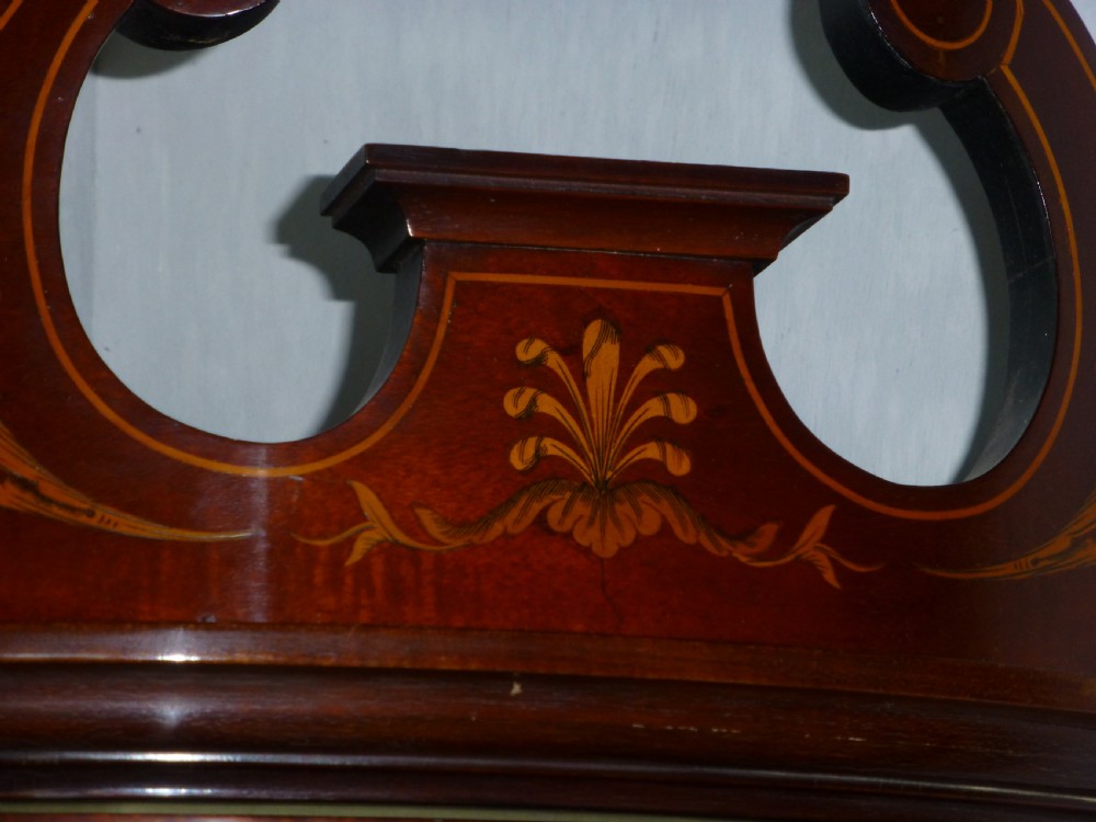 Superior Edwards and Roberts mahogany marquetry inlaid serpentine shaped  fronted standing double height corner cupboard cabinet. C1900. View VI