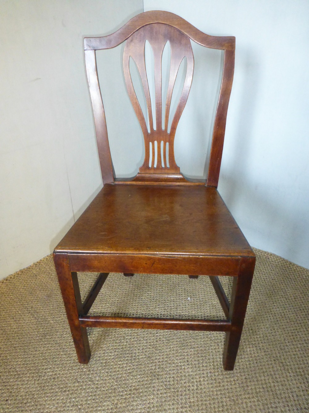 Set of four 4 18th century Georgian  Welsh country Hepplwhite design oak and fruitwood farmhouse kitchen dining chairs. C1790 View II