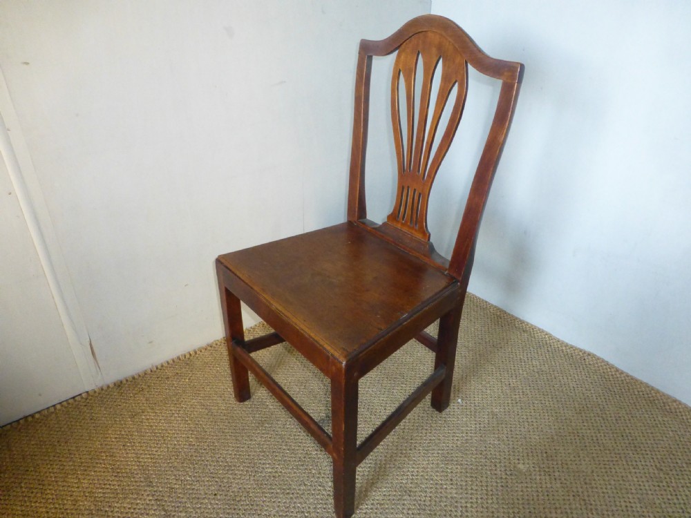 Set of four 4 18th century Georgian  Welsh country Hepplwhite design oak and fruitwood farmhouse kitchen dining chairs. C1790 View IV