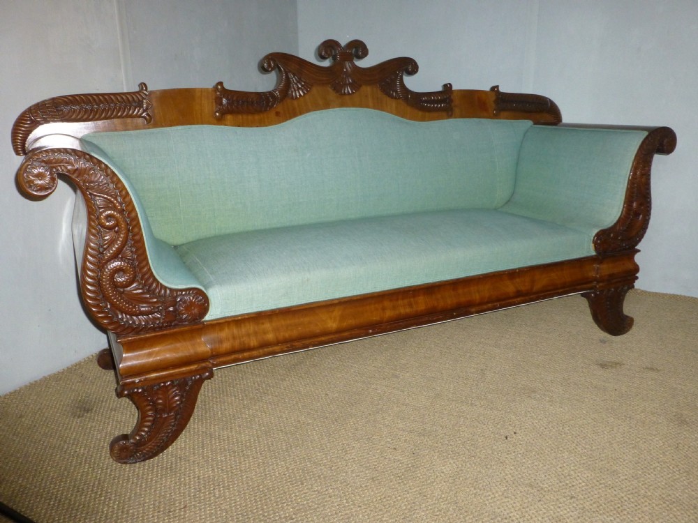 Stunning quality Regency Georgian Biedermeier design mahogany upholstered large sofa settee chaise. C.1820