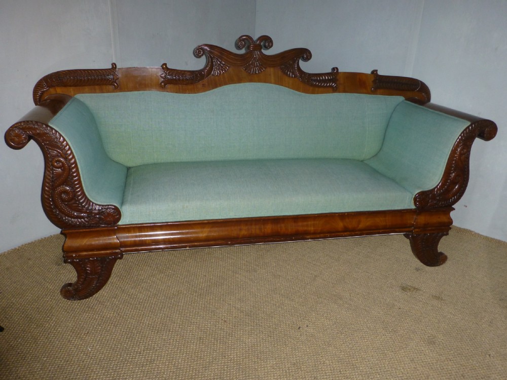  Stunning quality Regency Georgian Biedermeier design mahogany upholstered large sofa settee chaise. C.1820 View II